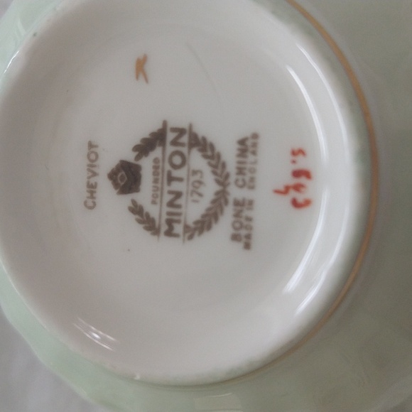 Set Of 5 Teacup And Saucer Minton Cheviot Blue Green Gold Vintage Elegant Design - Picture 2 of 4